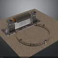 Stone Pillars Supporting Beam With Orange Detail And Circular Ring On Brown Platform