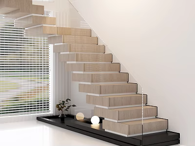 Modern Wooden Staircase With Glass Railing Window Blinds Decorative Plant And Small Lights 3d model