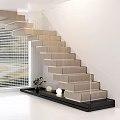 Modern Wooden Staircase With Glass Railing Window Blinds Decorative Plant And Small Lights