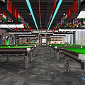 Modern Billiard Room Interior With Multiple Tables Ceiling Flags And Wall