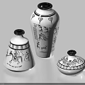 White Decorative Vases Featuring Black Hand Drawn Patterns And Various Shapes 3d model