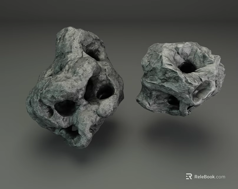 Two Natural Hollow Stone Decorations with Wooden Accents on Gray Background 3d model 