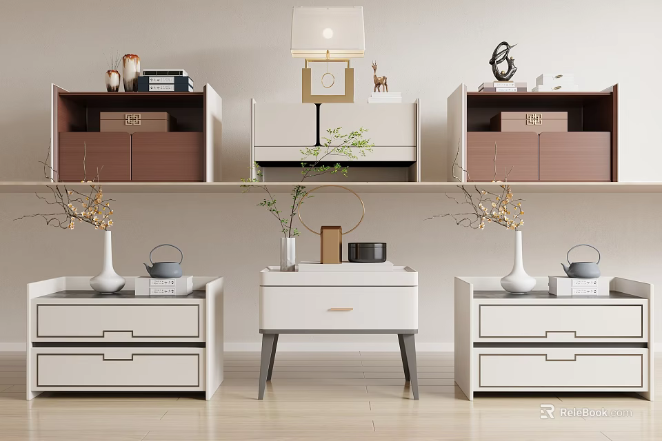 Modern White Bedside Tables With Drawers Decorative Vases And Table Lamps Design 3d model 