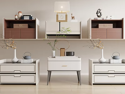 Modern White Bedside Tables With Drawers Decorative Vases And Table Lamps Design 3d model