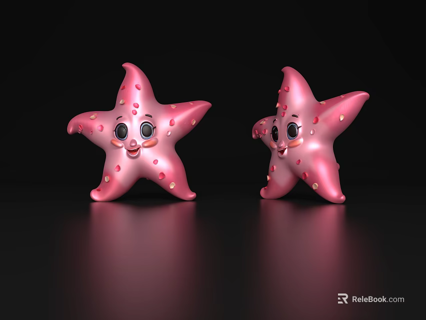 Two Adorable Pink Starfish Featuring White Spots And Smiling Faces On Black Shiny Surface 3d model 