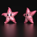 Two Adorable Pink Starfish Featuring White Spots And Smiling Faces On Black Shiny Surface