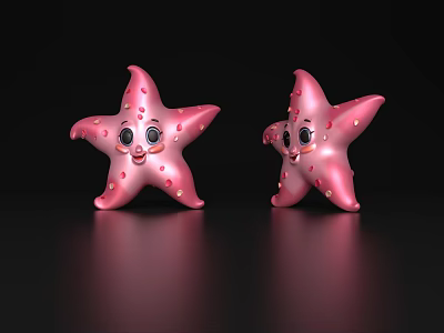 Two Adorable Pink Starfish Featuring White Spots And Smiling Faces On Black Shiny Surface 3d model