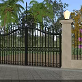 Black Iron Gate With Stone Pillars Lamp Posts Palm Trees And Purple Flowers On Stone Path