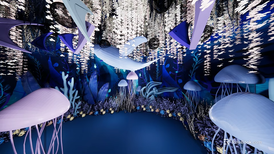 Whimsical Underwater Scene with Giant Whale Jellyfish Coral Seagrass and Illuminated Decorations 3d model 