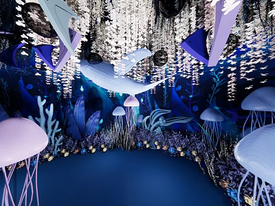 Whimsical Underwater Scene with Giant Whale Jellyfish Coral Seagrass and Illuminated Decorations 3d model