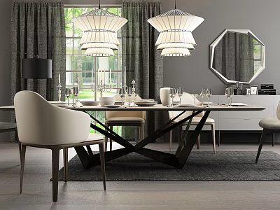 Elegant Dining Table Set With White Chairs Pendant Lights And Octagonal Mirror 3d model