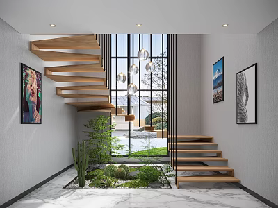 Modern Hallway Interior Design With Wooden Spiral Staircase Large Glass Window Green Plants Decorative Paintings 3d model