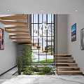 Modern Hallway Interior Design With Wooden Spiral Staircase Large Glass Window Green Plants Decorative Paintings