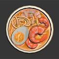 Noodle Soup with Shrimp and Soft Boiled Egg in Red Broth and Light Colored Bowl