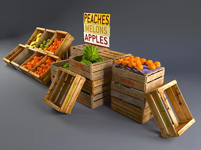 Wooden Crates With Fresh Peaches Melons Apples And Stacked Fruit 3d model