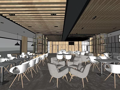 Modern Casual Lounge Area With Wooden Ceiling White Chairs Gray Sofas And Bookshelves 3d model