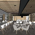 Modern Casual Lounge Area With Wooden Ceiling White Chairs Gray Sofas And Bookshelves