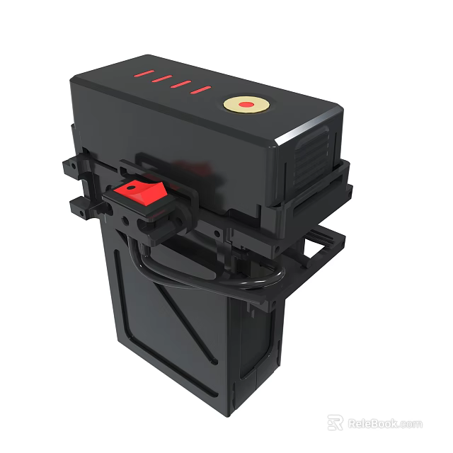 Black Mechanical Device Featuring Red Button Yellow Circular Component And Black Frame Structure 3d model
