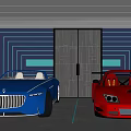 Modern Indoor Parking Garage with Luxury Cars and Futuristic Lighting Design
