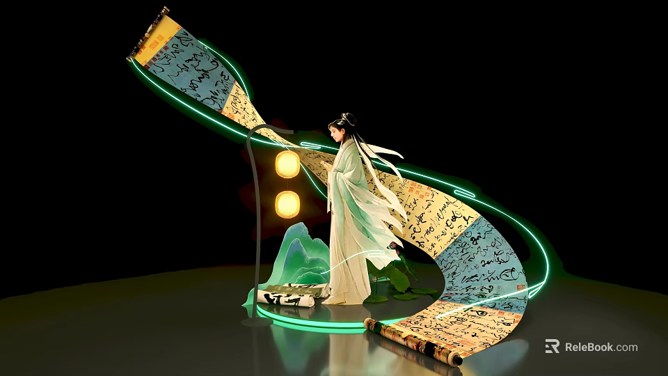 Traditional Costume Lady With Glowing Scroll Calligraphy Mountain And Luminous Circles Photo Check-in Spot 3d model 