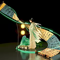 Traditional Costume Lady With Glowing Scroll Calligraphy Mountain And Luminous Circles Photo Check-in Spot