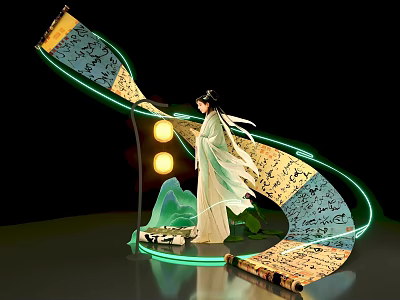 Traditional Costume Lady With Glowing Scroll Calligraphy Mountain And Luminous Circles Photo Check-in Spot 3d model