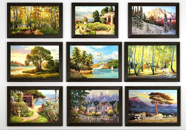 Diverse Landscape Paintings with Forest Cabin Mountain Lake Trees and Cityscape 3d model 