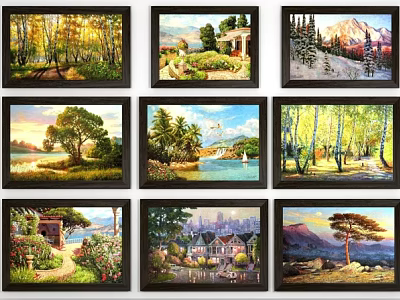 Diverse Landscape Paintings with Forest Cabin Mountain Lake Trees and Cityscape 3d model