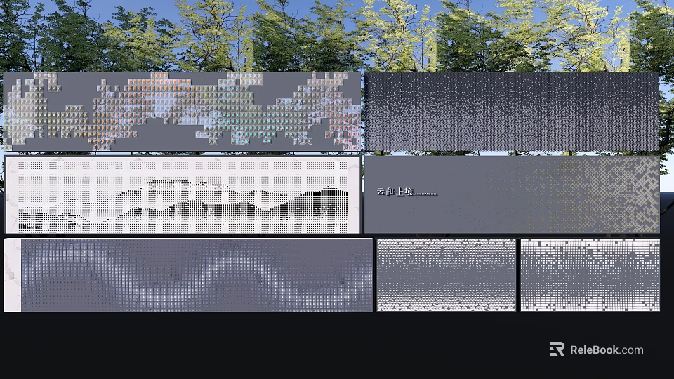 Various Scenic Feature Wall Designs With Mountain Patterns Grid Textures And Wavy Lines 3d model 