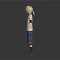 Blonde Haired Man Wearing White T-shirt Black Elbow Pads Blue Denim Shorts And Brown Boots