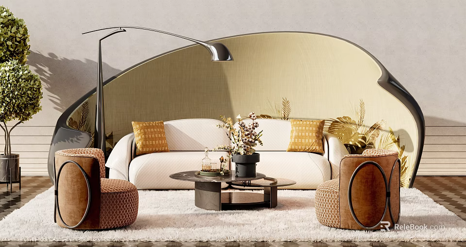Stylish Sectional Sofa with Yellow Cushions Circular Armchairs Coffee Table and Curved Wall Floor Lamp 3d model 