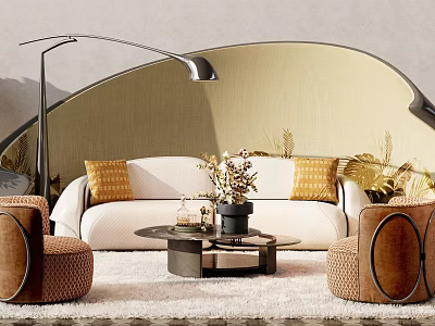 Stylish Sectional Sofa with Yellow Cushions Circular Armchairs Coffee Table and Curved Wall Floor Lamp 3d model