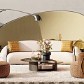 Stylish Sectional Sofa with Yellow Cushions Circular Armchairs Coffee Table and Curved Wall Floor Lamp