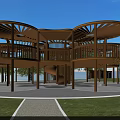 Outdoor Roadside Wooden Canopy Structure With Pedestrian Observation Deck And Green Grassland Surrounding Trees