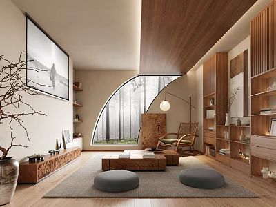 Cozy Entertainment Room With Wooden Accents Curved Window And Forest View 3d model