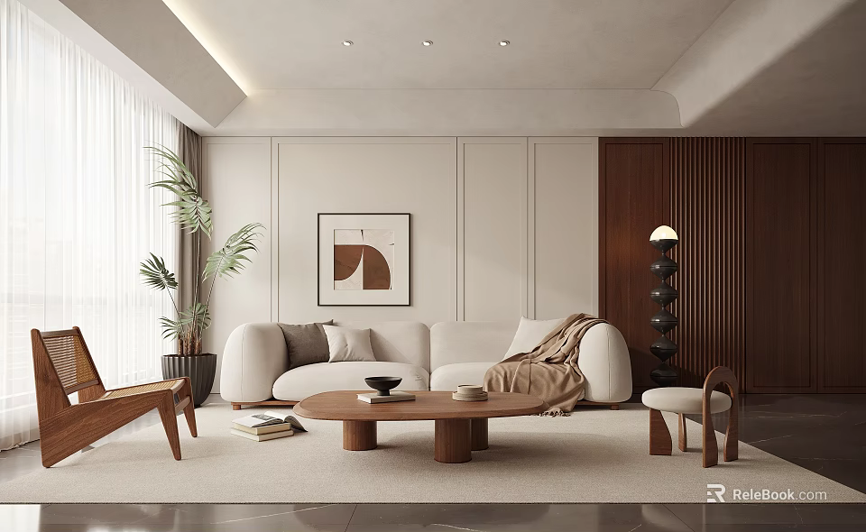 Modern Living Dining Room Interior With White Sofa Wooden Coffee Table Palm Plant And Floor Lamp 3d model 