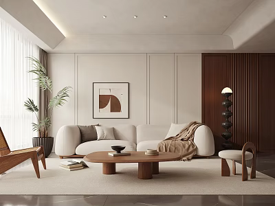Modern Living Dining Room Interior With White Sofa Wooden Coffee Table Palm Plant And Floor Lamp 3d model