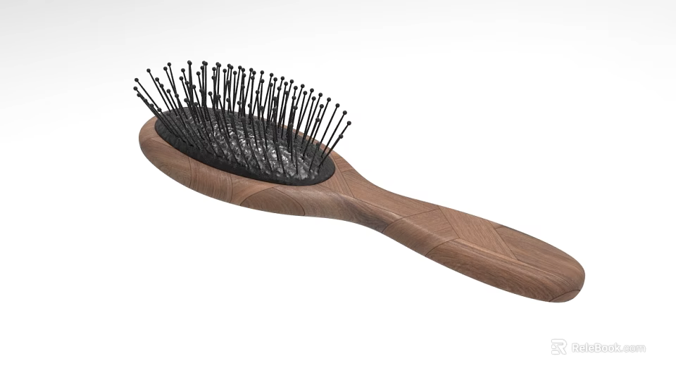 Wooden Handle Hair Comb With Dense Black Bristles And Ergonomic Design 3d model 