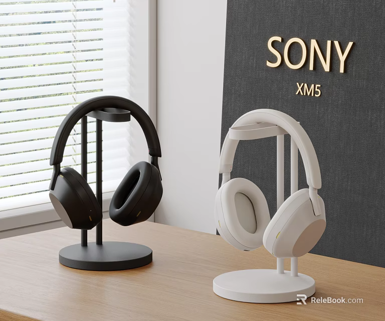Sony XM5 Headphones Black And White On Stands Table 3d model 