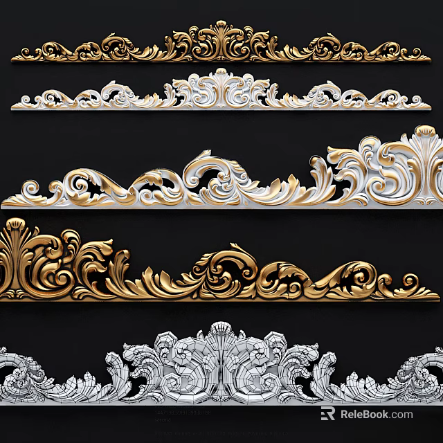 Intricate Decorative Carvings With Ornate Curved Patterns In Gold And White Tones 3d model 