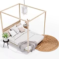 Wooden Canopy Double Bed With Side Table Green Plant Pillows Hanging Lamp And Woven Rug