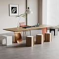 Contemporary Tea Table And Chairs With Wooden Stools Pink Chair Tea Set And Green Plant