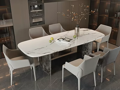Modern Dining Table Set With Marble Top Light Gray Chairs And Decorative Vase 3d model