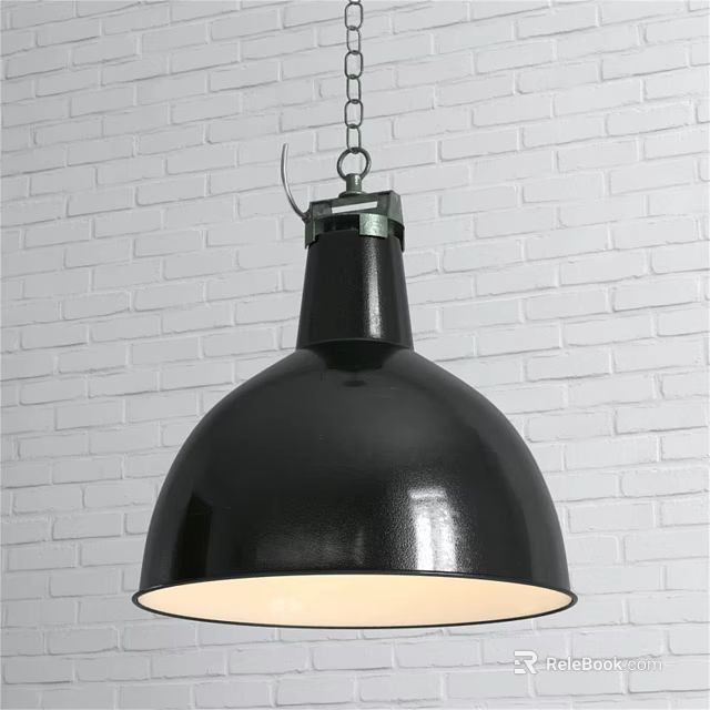 Modern Black Dome Pendant Light With Metal Chain Against White Brick Wall 3d model 