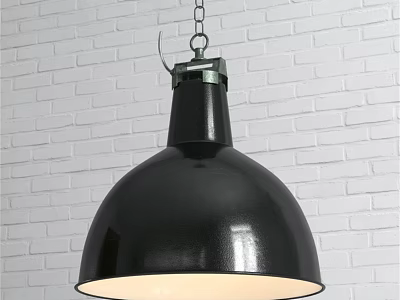Modern Black Dome Pendant Light With Metal Chain Against White Brick Wall 3d model