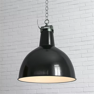 Modern Black Dome Pendant Light With Metal Chain Against White Brick Wall 3d model