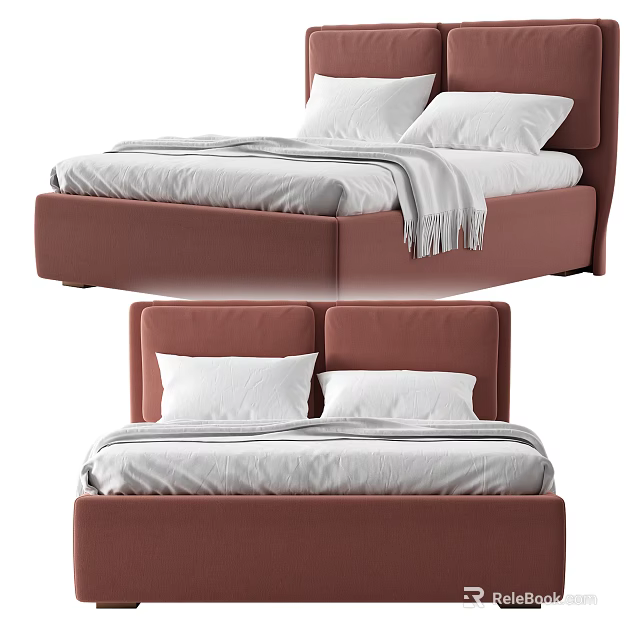 Modern Upholstered Double Bed With White Pillows And Gray Throw Blanket 3d model