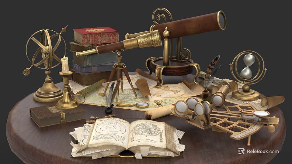 Vintage Clock with Antique Telescope Globe Books Hourglass Quill and Scroll 3d model 