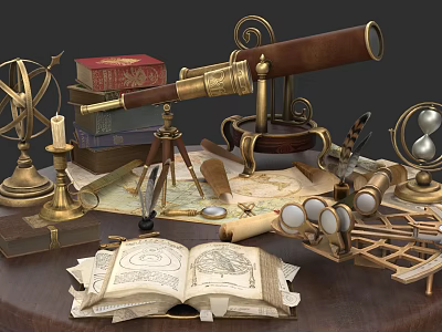 Vintage Clock with Antique Telescope Globe Books Hourglass Quill and Scroll 3d model