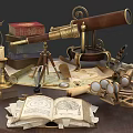 Vintage Clock with Antique Telescope Globe Books Hourglass Quill and Scroll